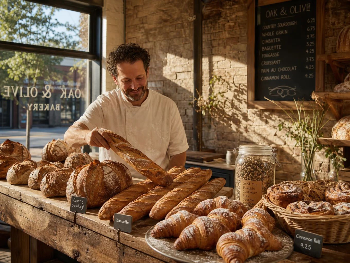 Artisan baker dusting white flour across fresh sourdough loaves on a wood bench