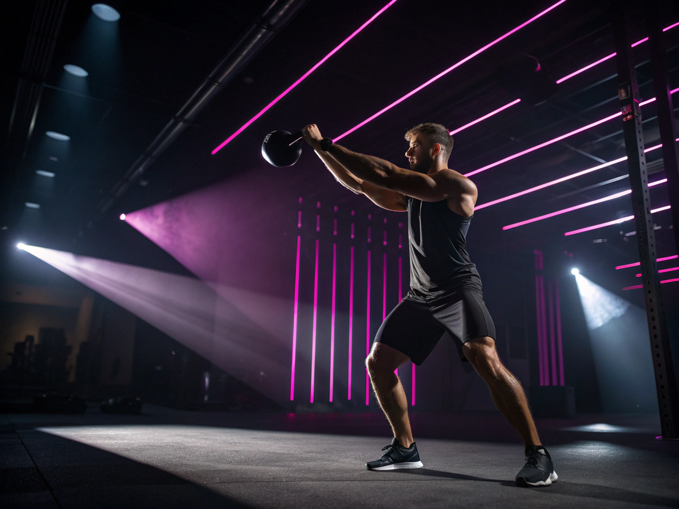 Athlete executing dynamic kettlebell swings in a dark modern training facility