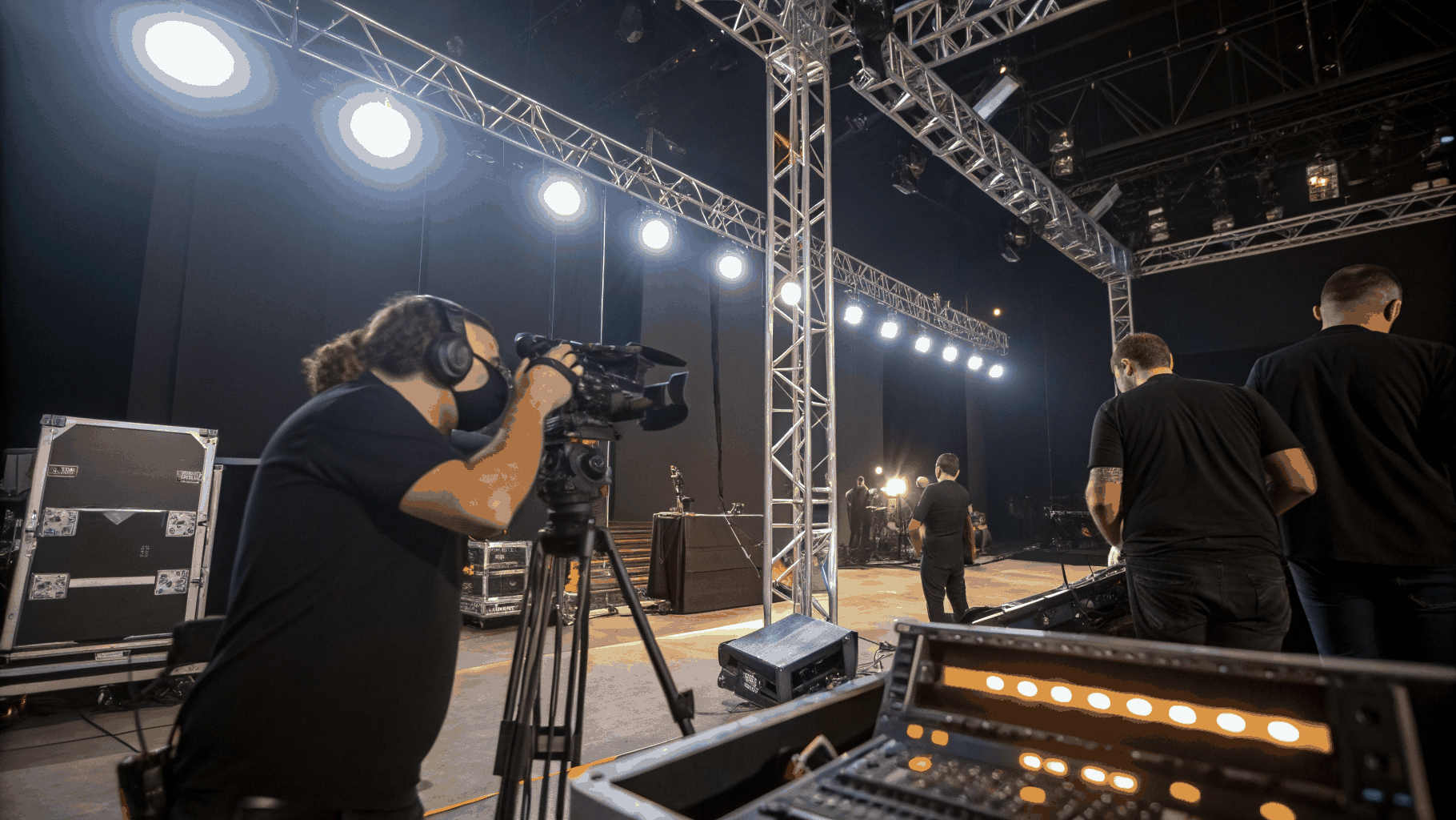 Camera rig set up backstage at a live performance