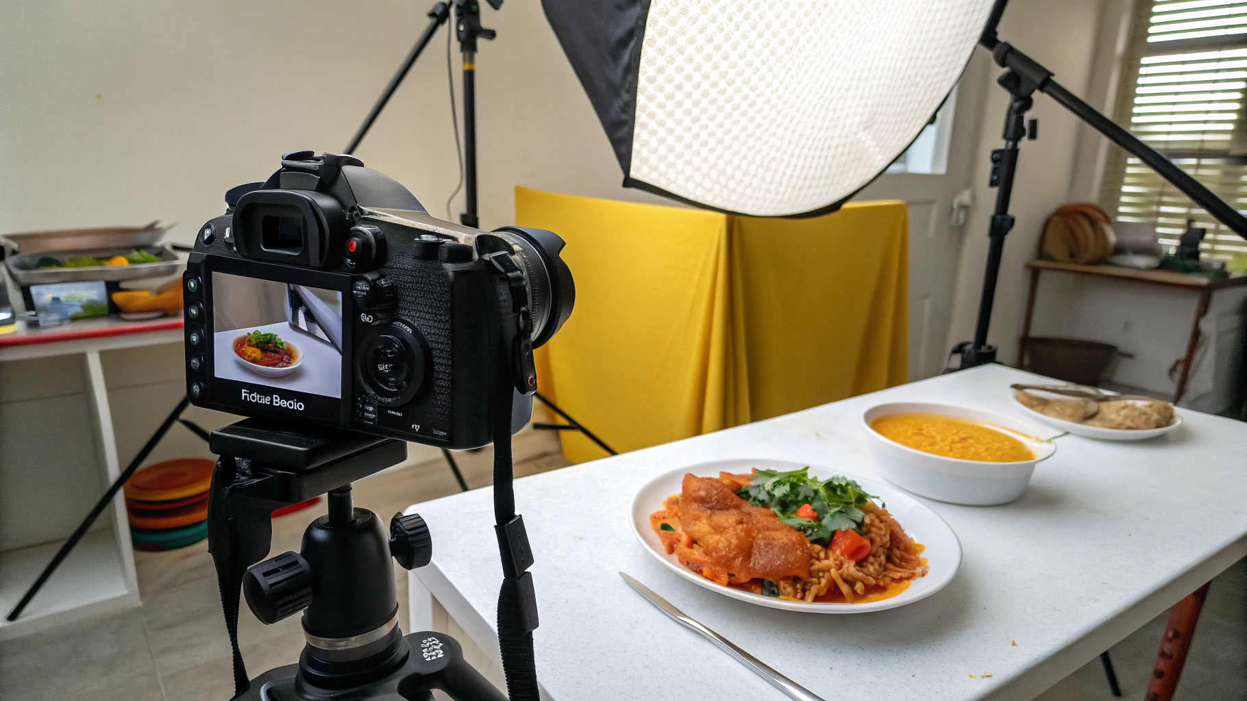 Sony camera with overhead softbox lighting on a food styling table