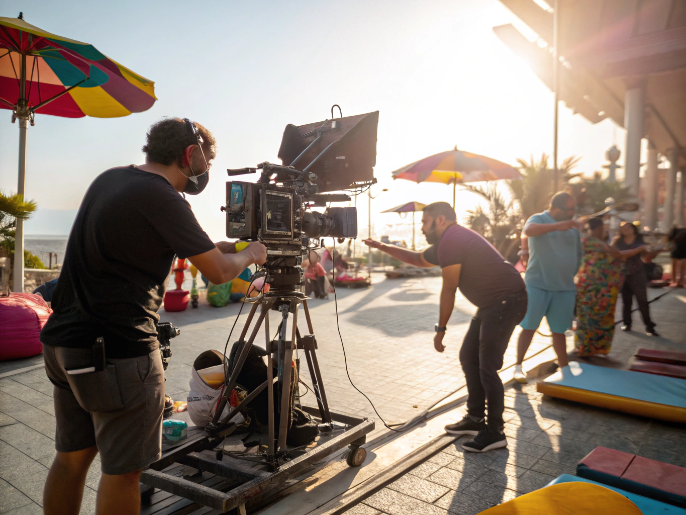 Commercial video crew filming on location for a local business
