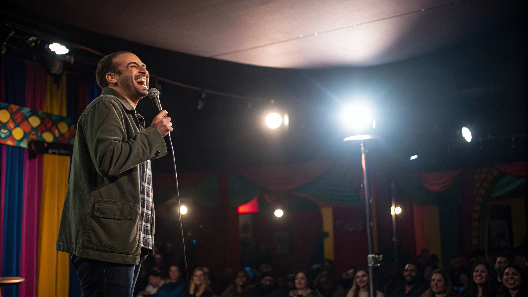 Stand-up comedian performing with spotlight and microphone