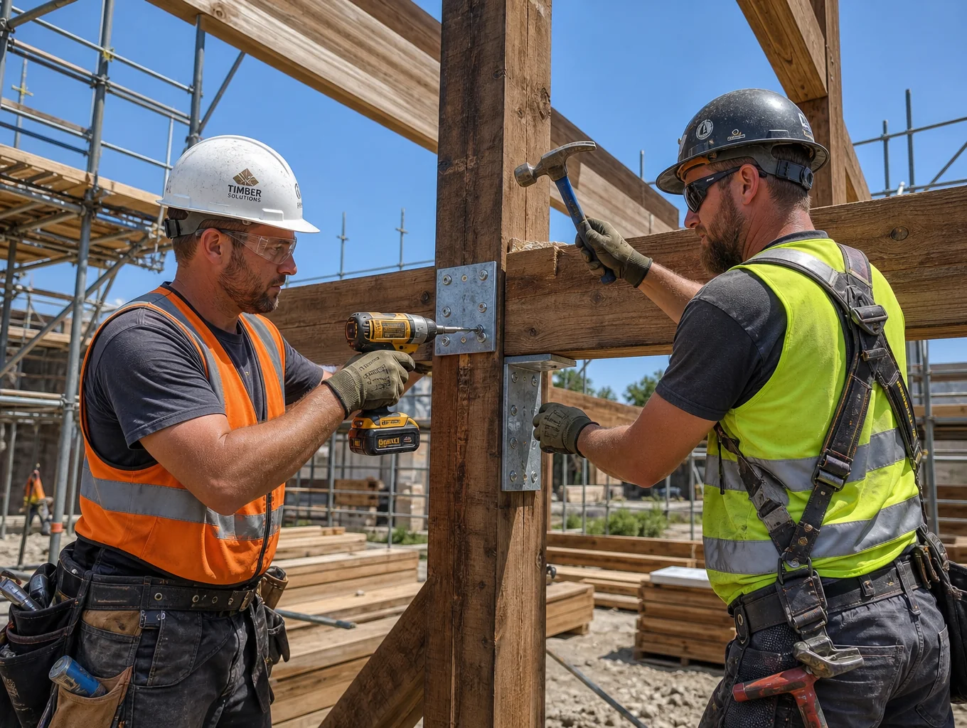 Carpenter framing architectural wood structures on an active build site