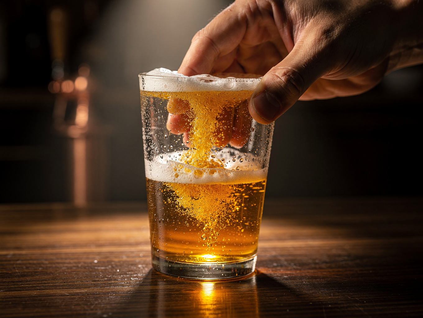 Fresh cold craft beer pouring from polished tap lines into a branded glass