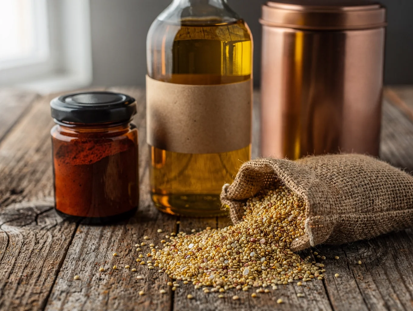Packaged artisanal food bottle styled on dark slate with raw spices