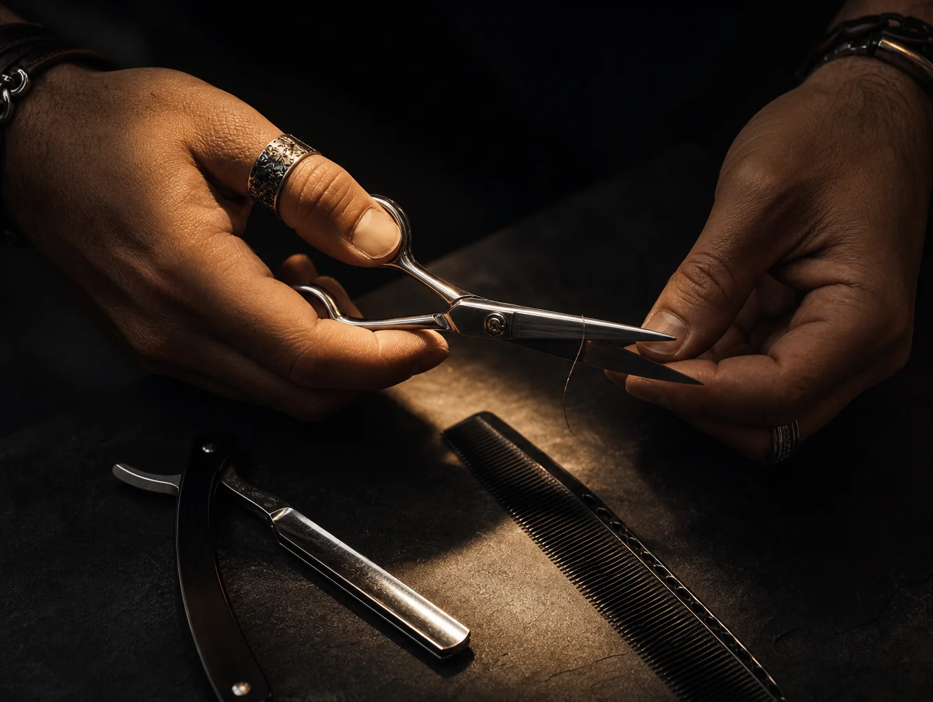 Barber performing detailed shear work in front of an illuminated studio mirror