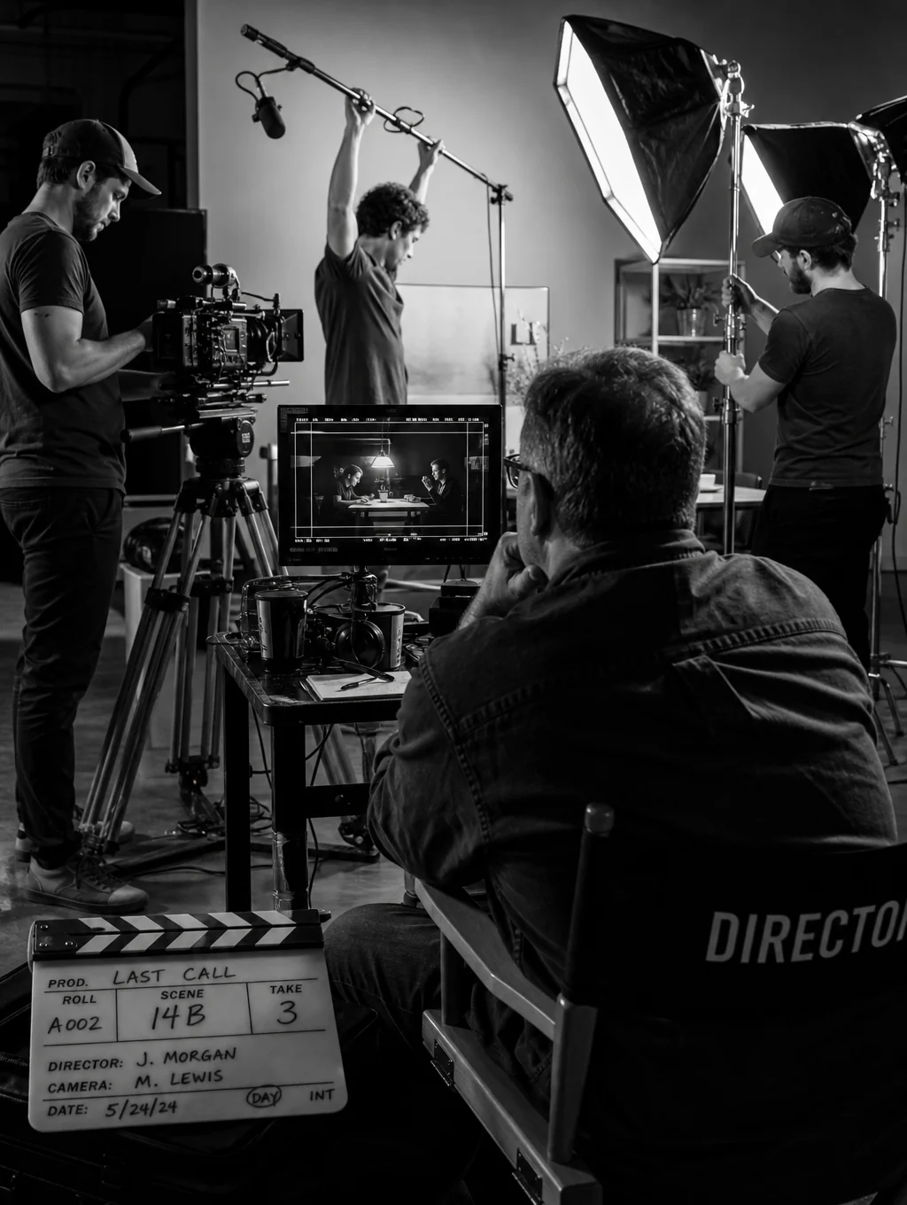 Professional video camera rig and production monitor on location