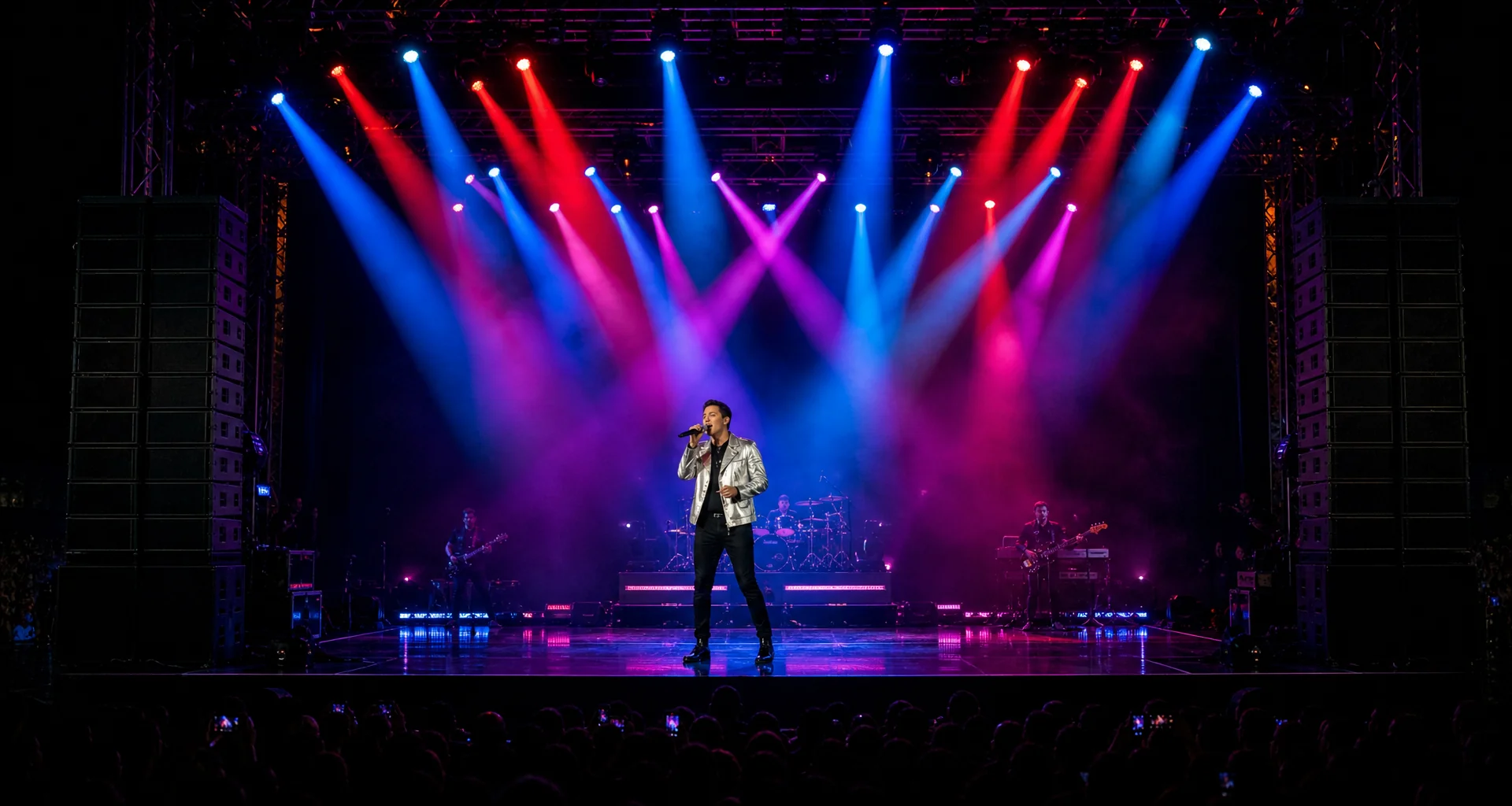 Concert stage lighting and performer filmed on tour