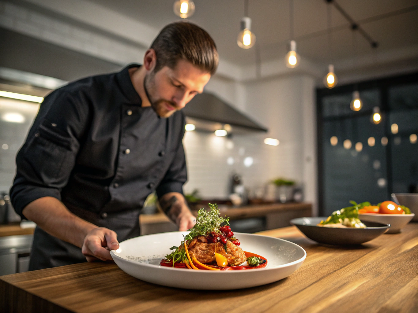 Chef plating artisanal dishes under studio cinema lighting