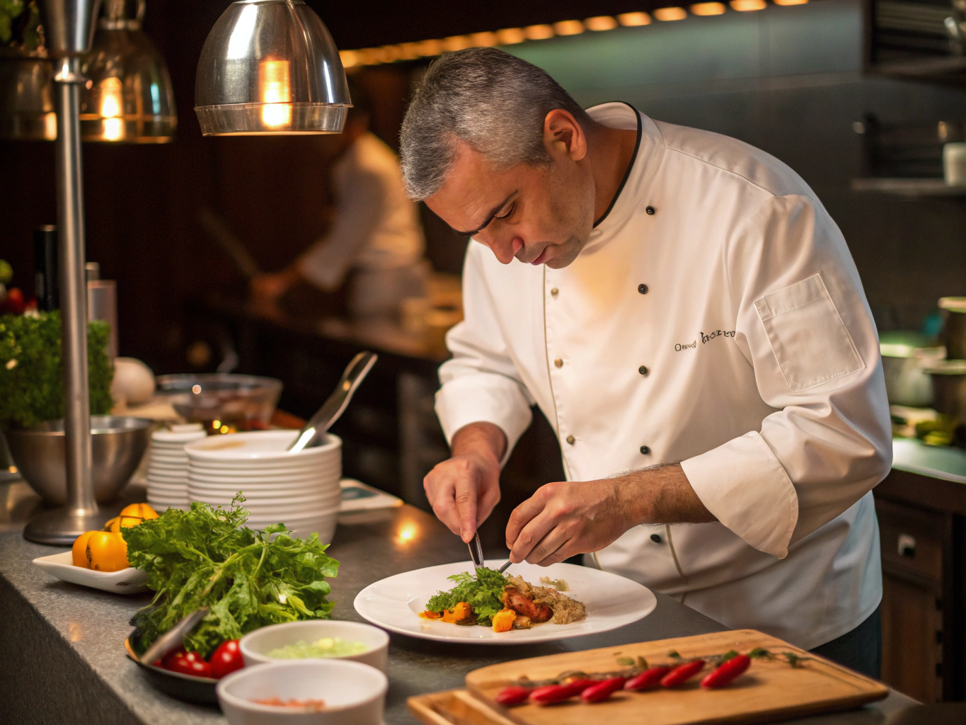 Chef carefully plating an entree under warm kitchen lights