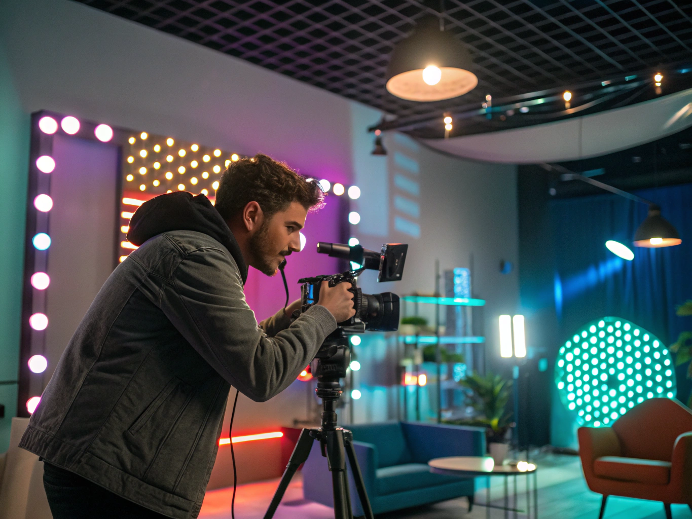 Content creator operating gimbal camera filming vertical social media format