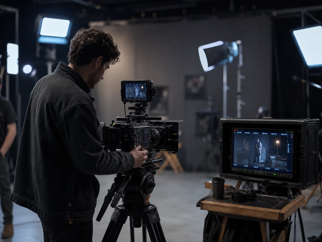 Visual production set with camera rig, cinema monitors, and studio lighting in dark soundstage