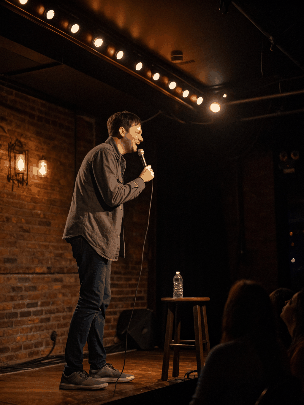 Stand-up comedian performing under theatre spotlight
