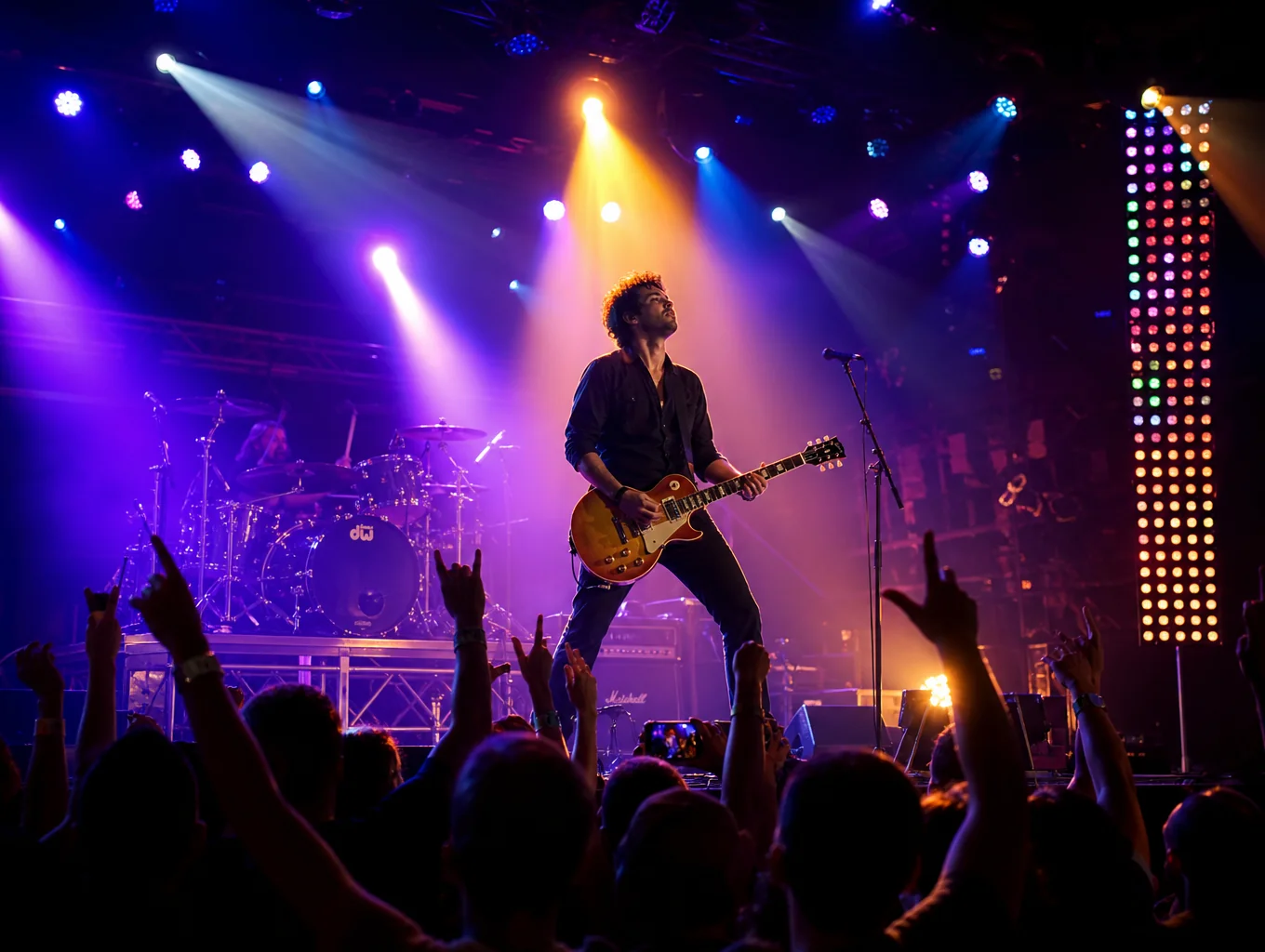 Musician mid-performance with stage smoke and dynamic lighting