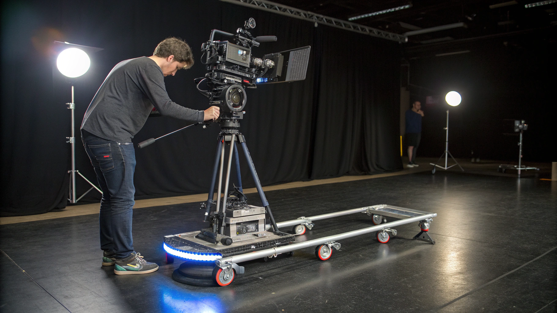 Professional video camera rig filming a commercial set on Long Island